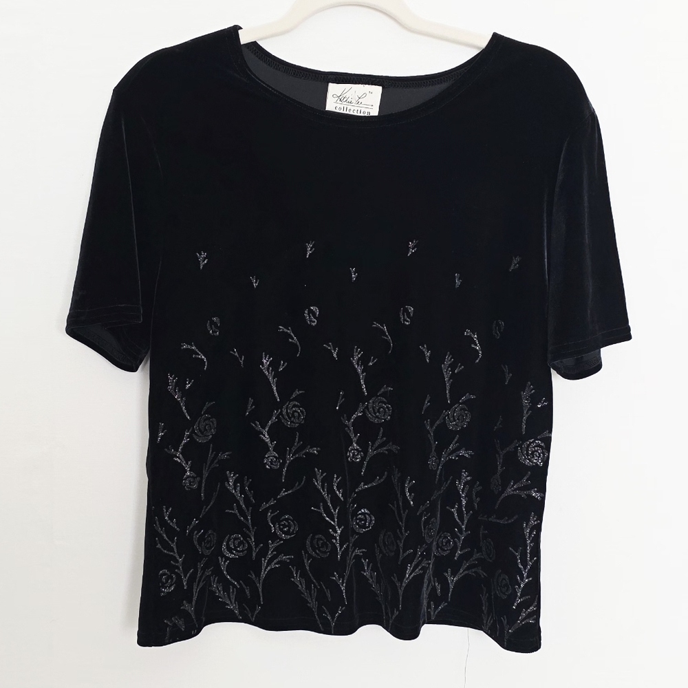 Kathie Lee Vintage Black Velvet Short Sleeves Glitter Roses Women Blouse Size L